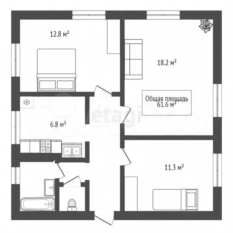 3-к. квартира, 61,6 м, 3/5 эт. - Фото 1