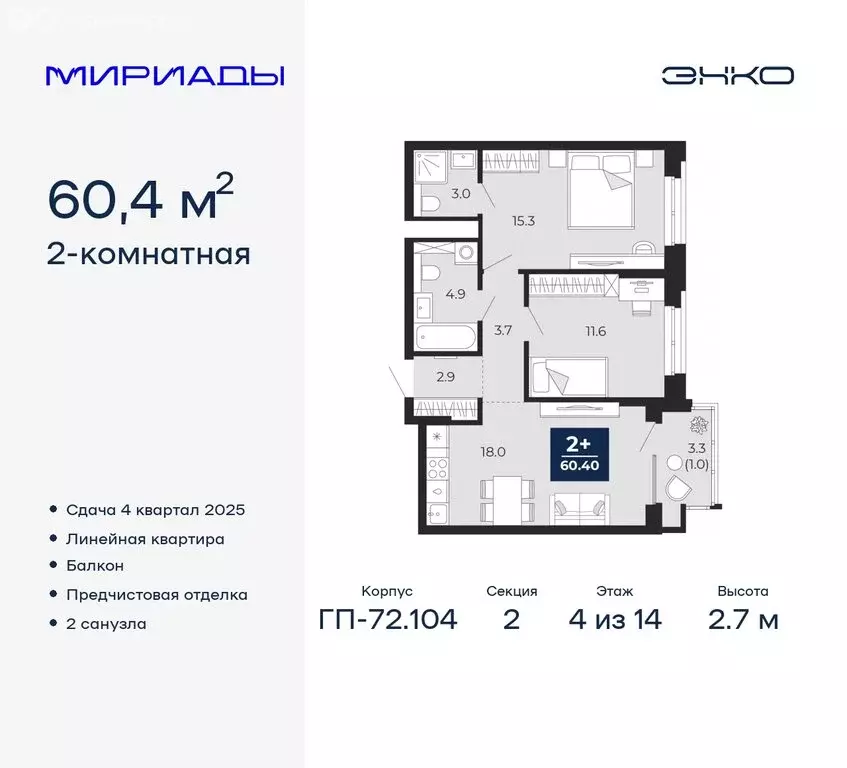 2-комнатная квартира: Тюмень, жилой комплекс Мириады (60.4 м) - Фото 0