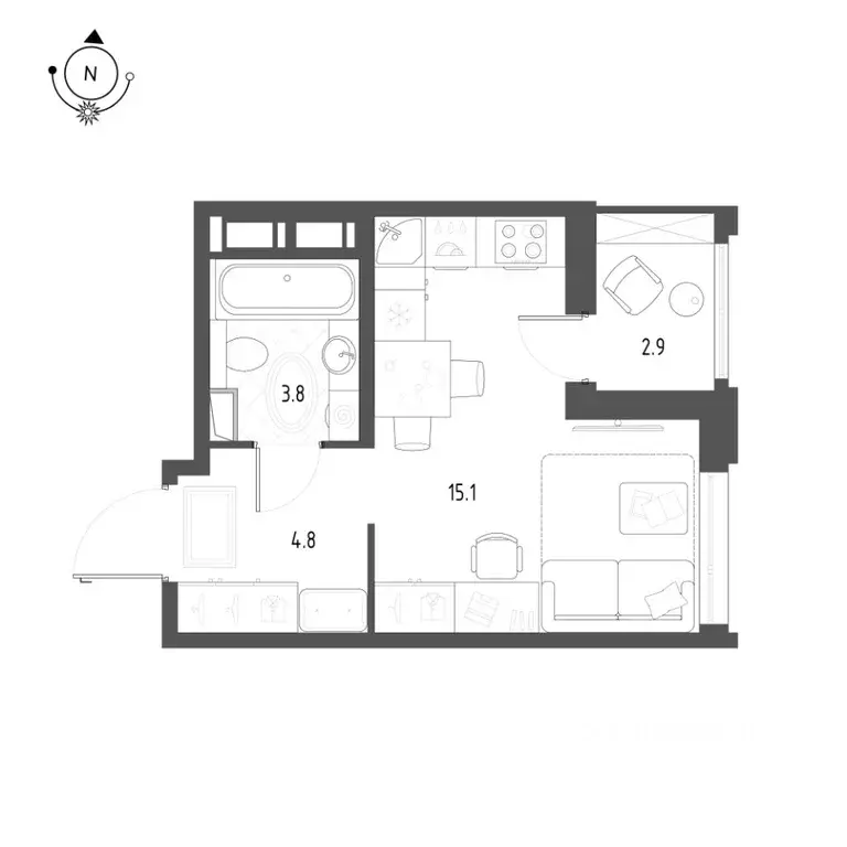 Студия Омская область, Омск Зеленая река мкр, 1 (25.2 м) - Фото 0