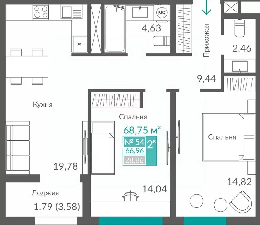 2-к кв. Севастополь ш. Балаклавское (66.96 м) - Фото 0