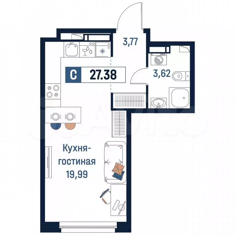 Квартира-студия, 27,4 м, 15/18 эт. - Фото 0