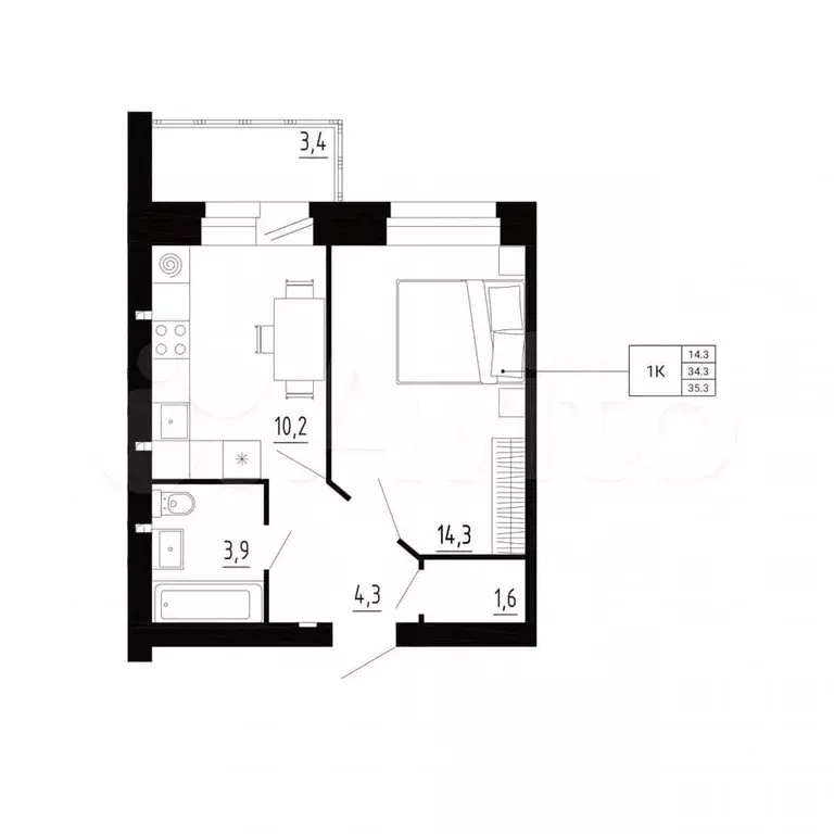 1-к. квартира, 35,3 м, 6/8 эт. - Фото 0