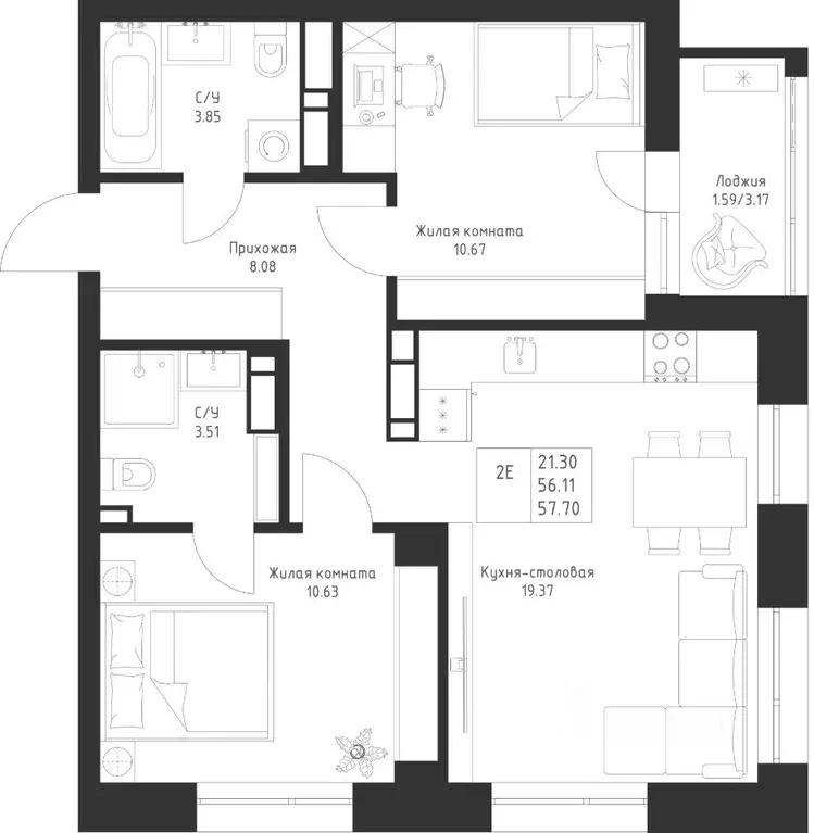 2-к кв. Татарстан, Казань Седьмое Небо жилрайон,  (57.7 м) - Фото 1