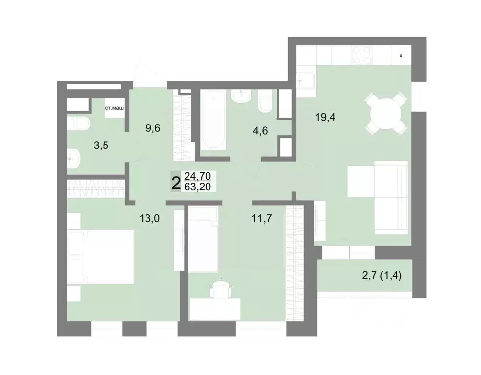 2-к кв. Свердловская область, Екатеринбург ул. Семена Лагоды, 80 (63.2 ... - Фото 1