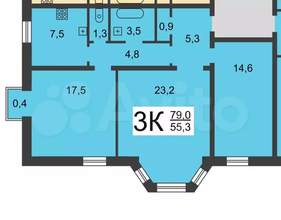 3-к. квартира, 75,6 м, 3/3 эт. - Фото 0