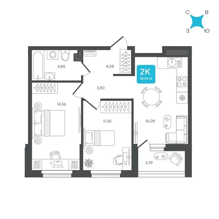 2-комнатная квартира: Дербыши, жилой комплекс Дабл-Дабл (58.06 м) - Фото 1