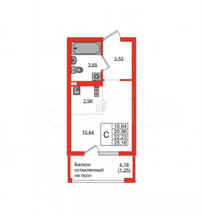 Квартира-студия, 22,2м, 5/9эт. - Фото 1