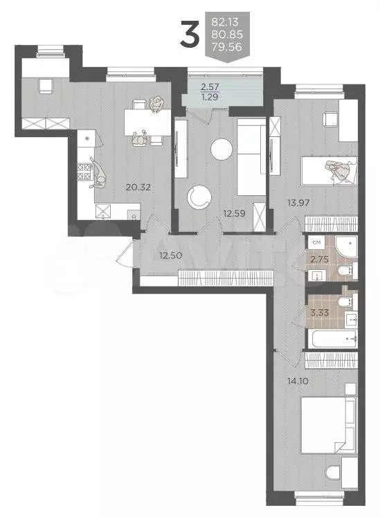 3-к. квартира, 82,1 м, 9/9 эт. - Фото 1