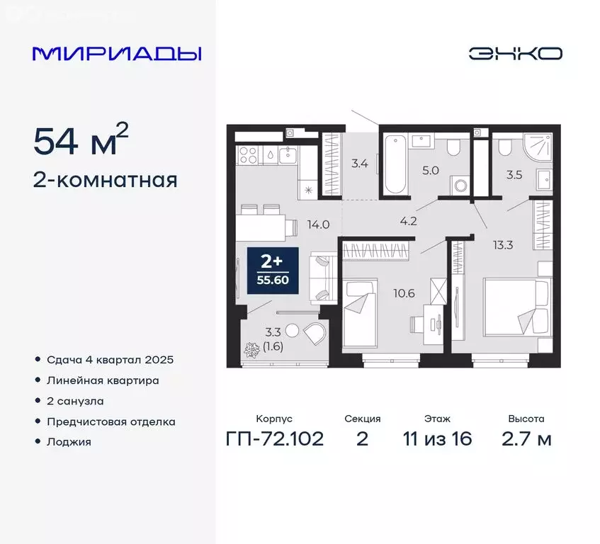 2-комнатная квартира: Тюмень, Ленинский округ (54 м) - Фото 0