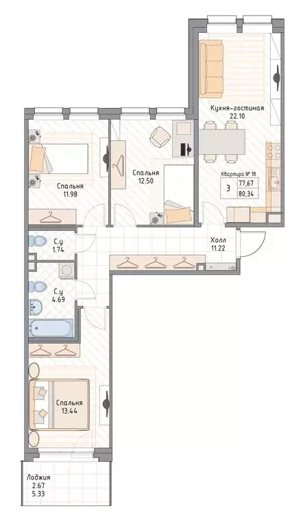 3-комнатная квартира: Санкт-Петербург, Малая Зеленина улица, 4 (80.34 ... - Фото 1