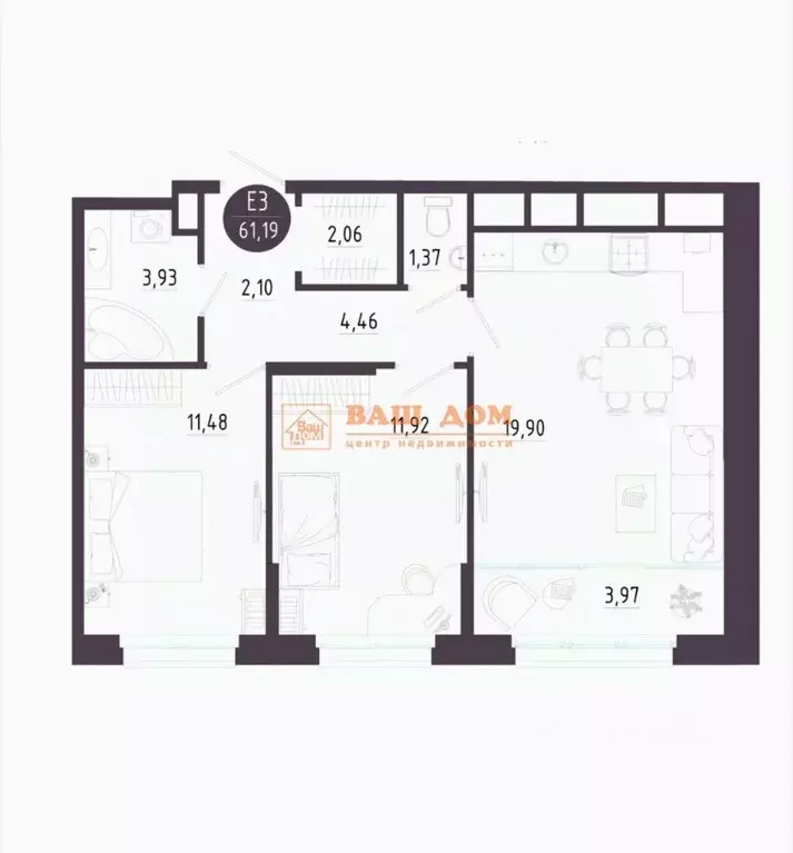 2-к кв. Тульская область, Тула пос. Горелки, Большая ул., 12 (61.19 м) - Фото 2