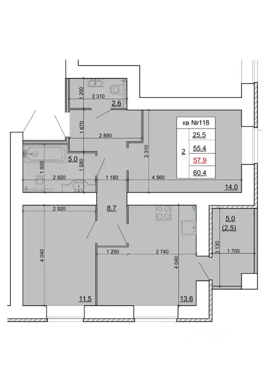 2-к кв. Костромская область, Кострома Новый город мкр,  (57.9 м) - Фото 1