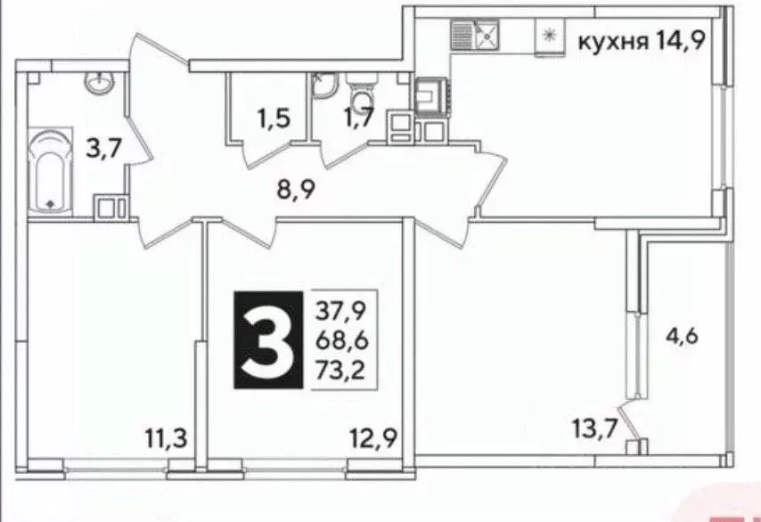 3-к кв. Краснодарский край, Краснодар Самолет кв-л,  (73.0 м) - Фото 1