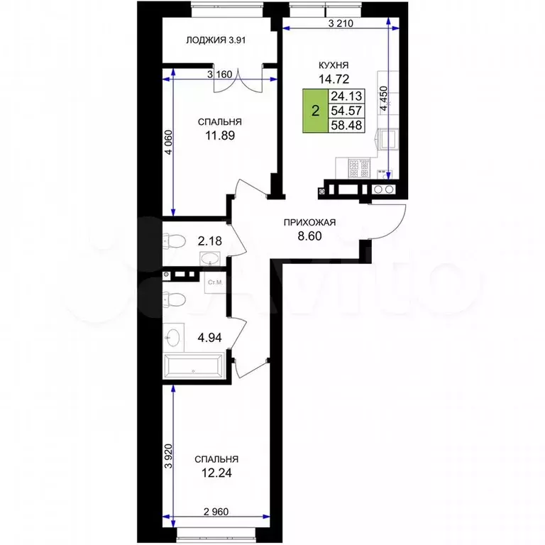 2-к. квартира, 58,5 м, 3/7 эт. - Фото 1