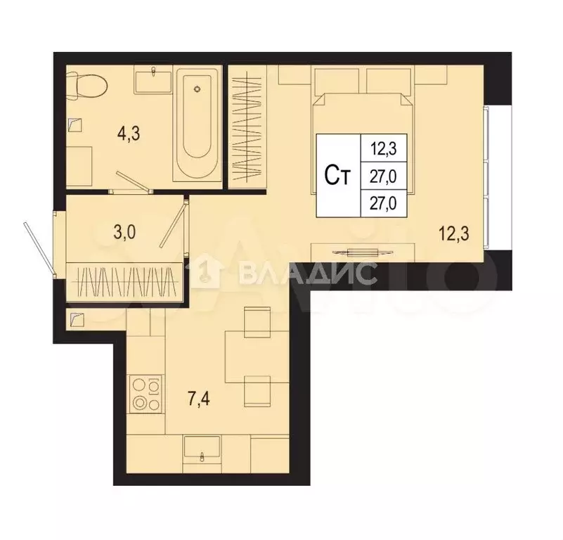 Квартира-студия, 27 м, 5/9 эт. - Фото 0