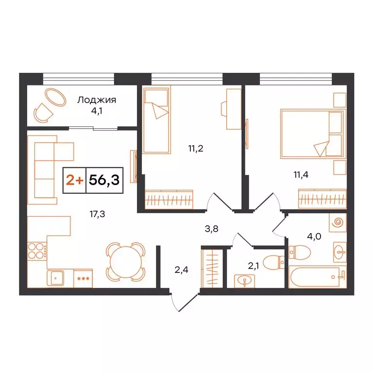 2-комнатная квартира: Тюмень, ЖК UNO (56.3 м) - Фото 0