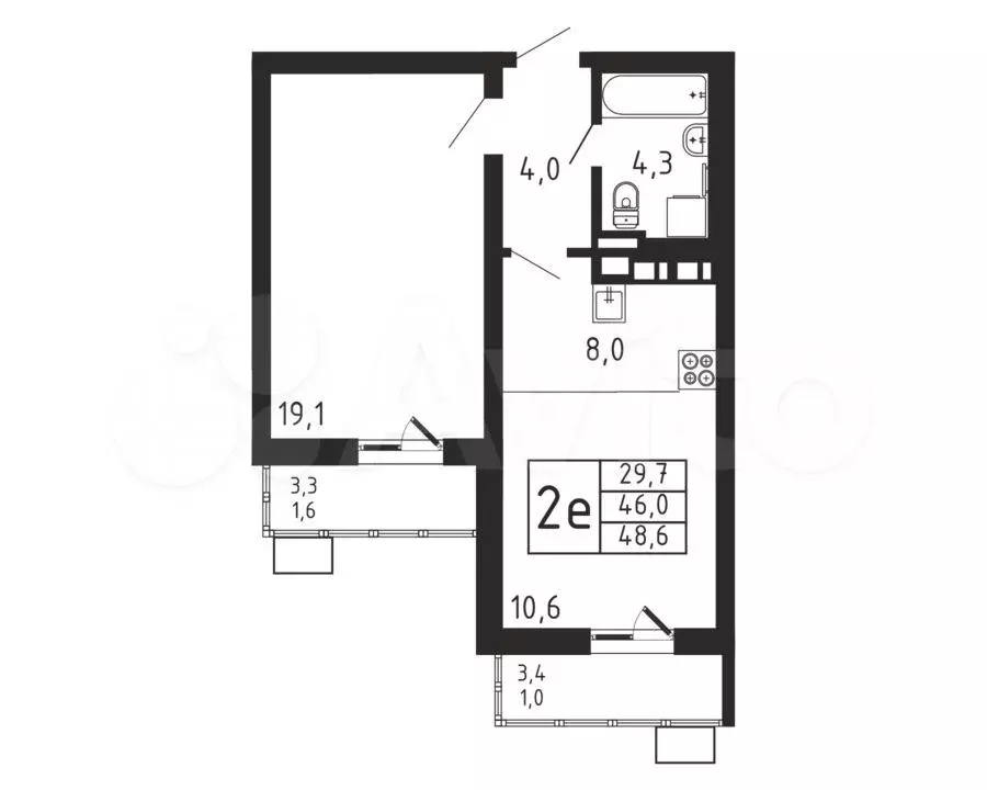 2-к. квартира, 48,6 м, 6/9 эт. - Фото 0