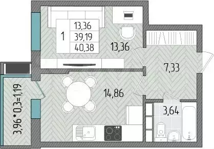 1-к. квартира, 40,4 м, 7/8 эт. - Фото 1