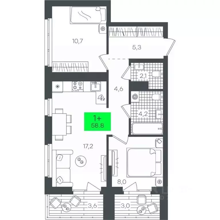 1-к кв. Тюменская область, Тюмень ул. Василия Малкова, 15 (58.89 м) - Фото 0