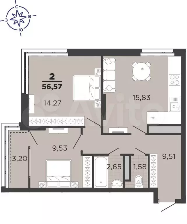 2-к. квартира, 55 м, 3/25 эт. - Фото 1