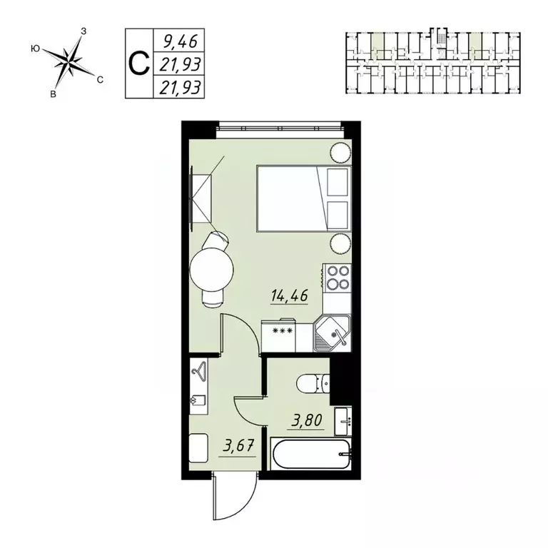 Студия Тамбовская область, Тамбов Телецентр мкр,  (21.93 м) - Фото 0