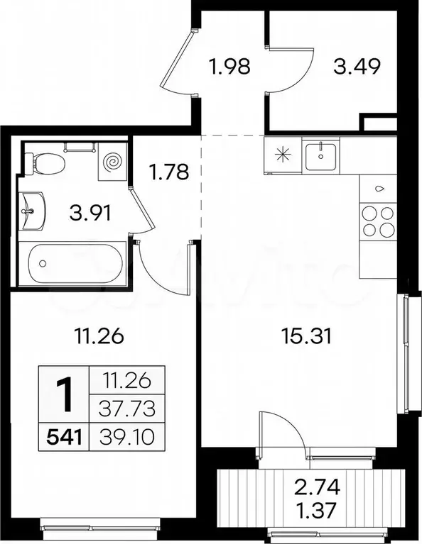 1-к. квартира, 39,1 м, 5/9 эт. - Фото 0