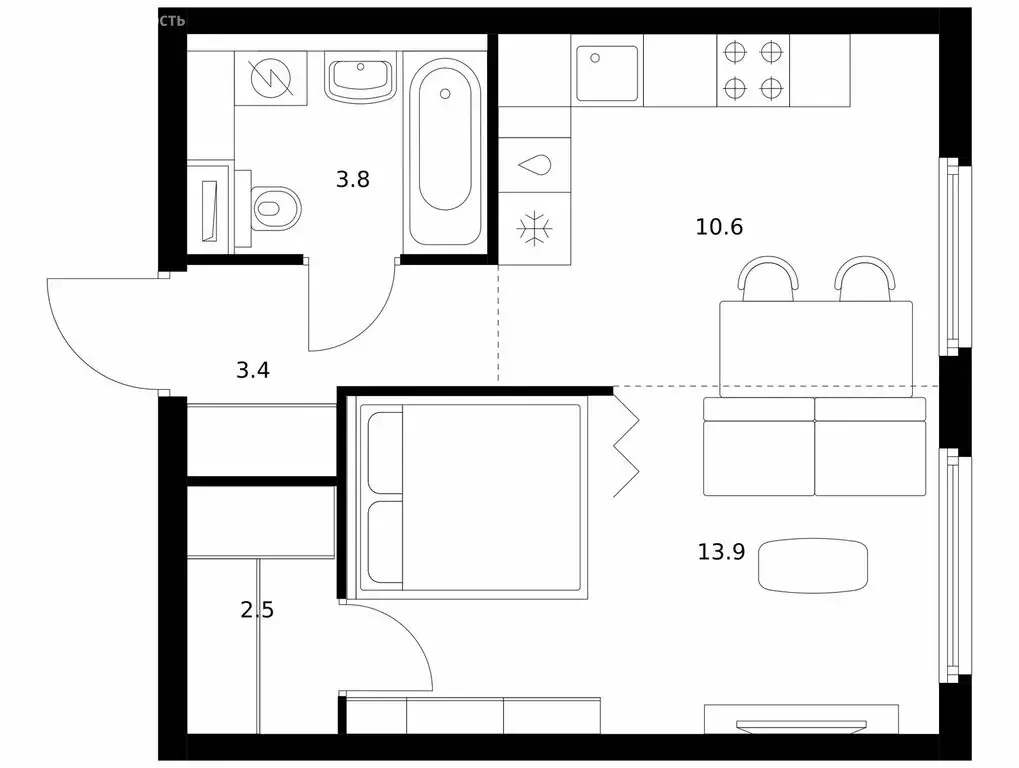 1-комнатная квартира: Мытищи, ЖК Ярославский Квартал (34.2 м) - Фото 1
