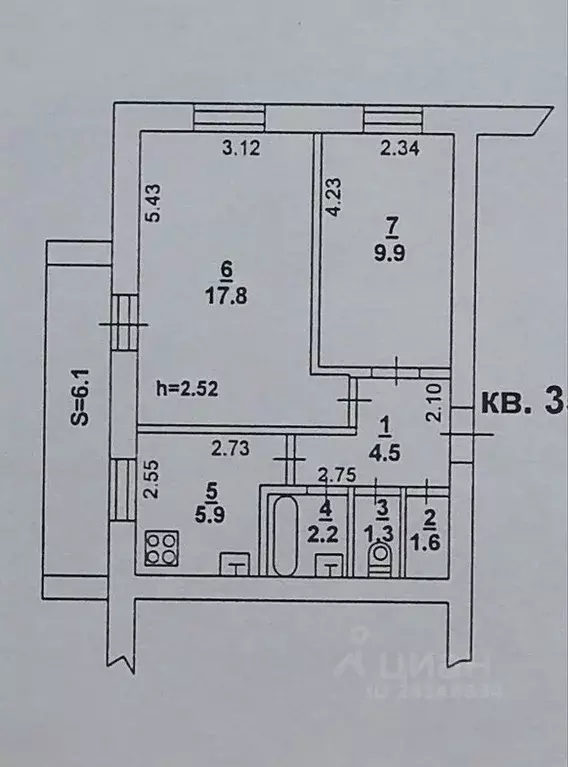 2-к кв. Ростовская область, Ростов-на-Дону Таганрогская ул., 137 (43.2 ... - Фото 1