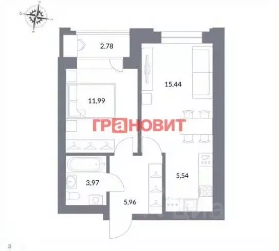 1-к кв. Новосибирская область, Новосибирск ул. Державина, 50 (42.9 м) - Фото 1