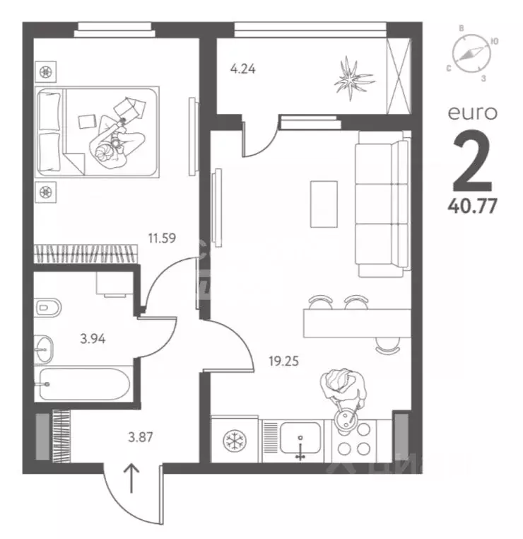 2-к кв. Липецкая область, Липецк Инстеп. Перова жилой комплекс (40.77 ... - Фото 2