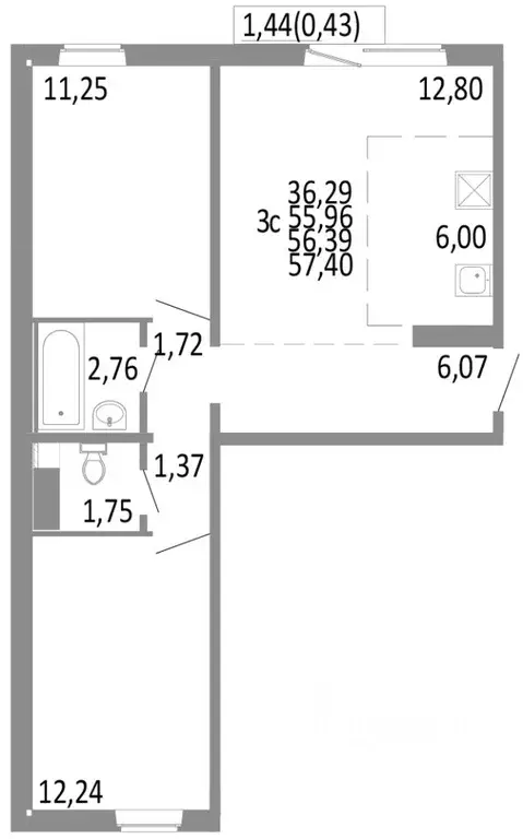 3-к кв. Челябинская область, Челябинск ул. Блюхера, 125Б (56.39 м) - Фото 0