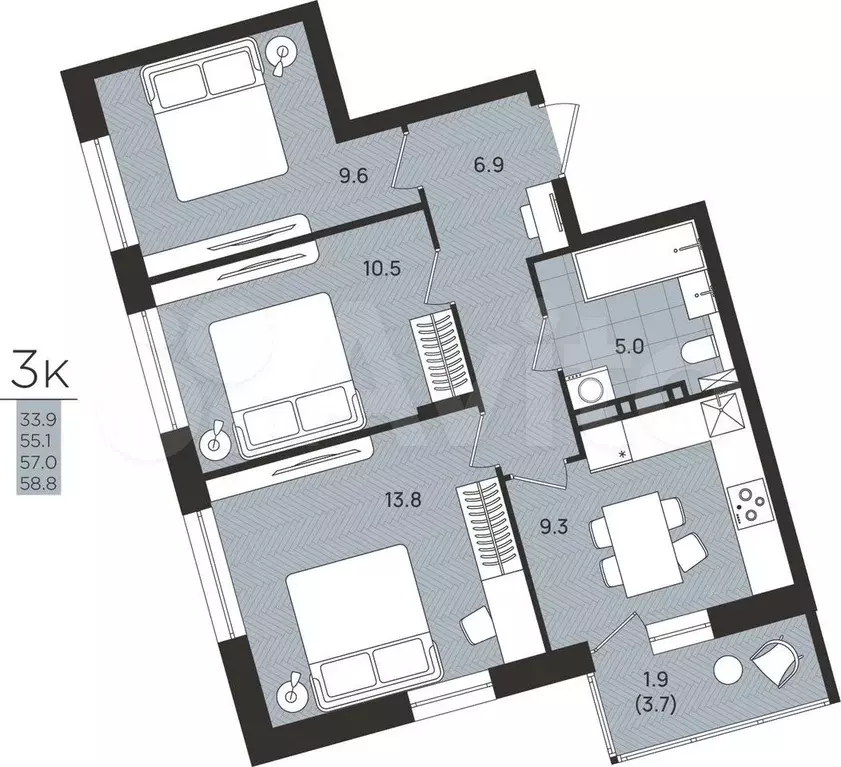 3-к. квартира, 57 м, 2/8 эт. - Фото 0