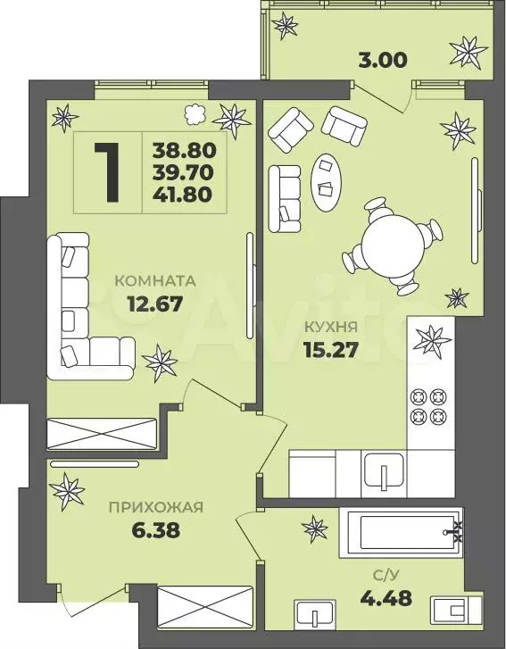 1-к. квартира, 41,8 м, 6/8 эт. - Фото 1