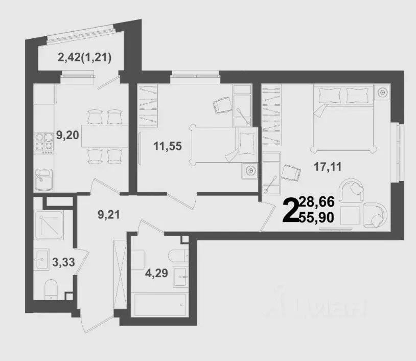 2-к кв. Башкортостан, Уфа Глумилино жилрайон, Холмогоры жилой комплекс ... - Фото 1