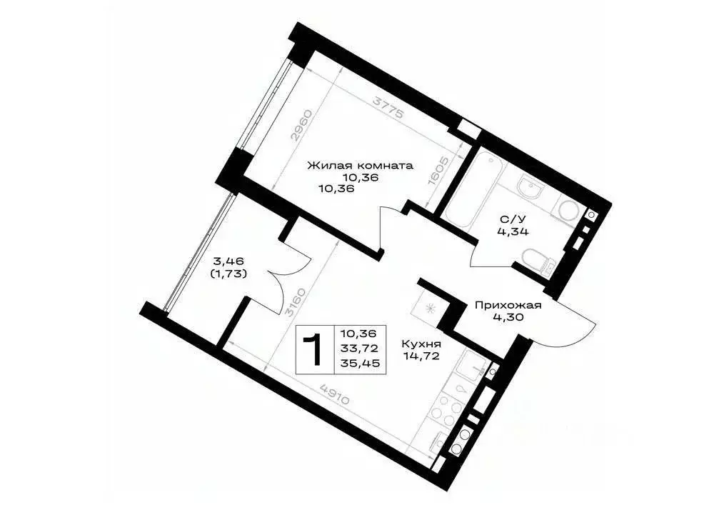 1-к кв. Калининградская область, Гурьевск ш. Гурьевское, 7 (35.45 м) - Фото 1