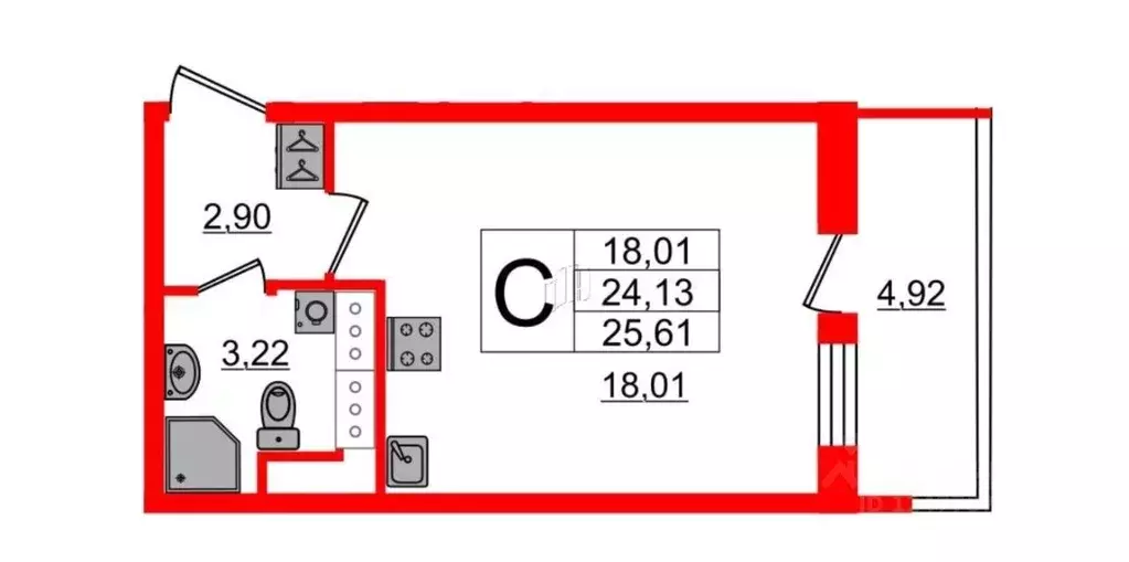 Студия Санкт-Петербург ул. Летчика Лихолетова, 14к2 (24.1 м) - Фото 1