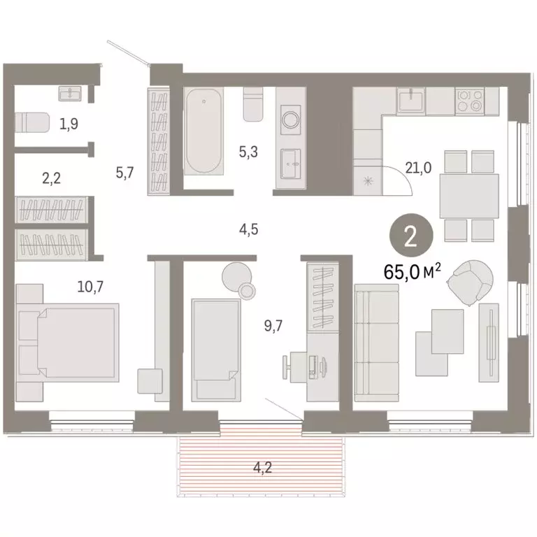 2-комнатная квартира: Тюмень, Краснооктябрьская улица, 4к1 (65.02 м) - Фото 1