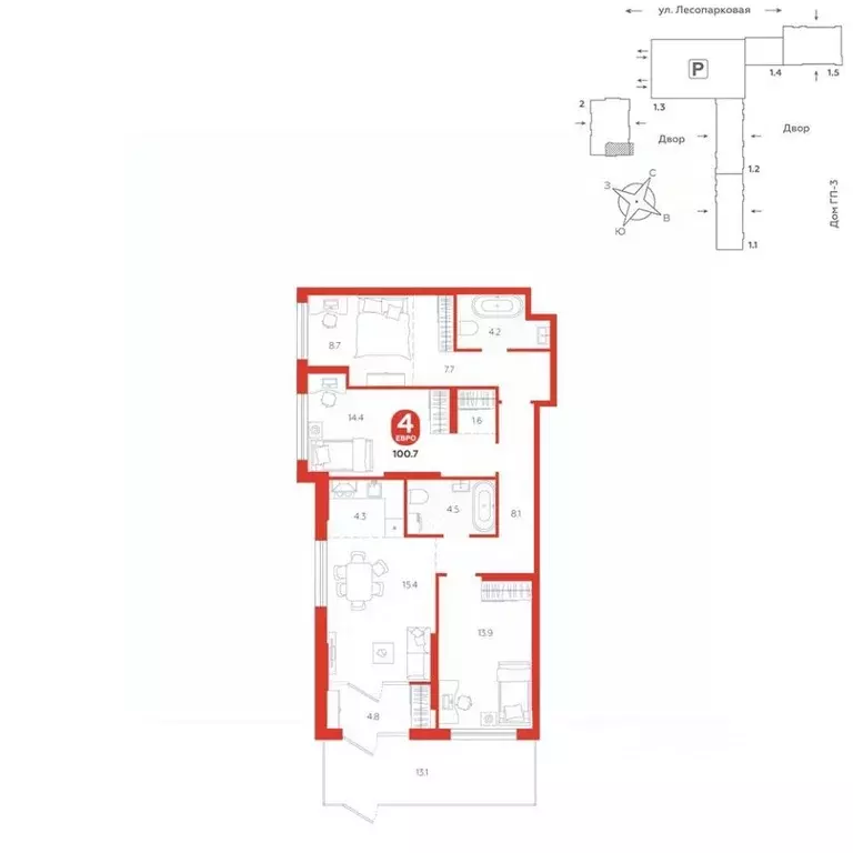 4-к кв. Тюменская область, Тюмень ул. Лесопарковая, 20 (100.7 м) - Фото 1