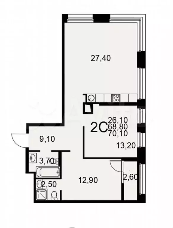 1-к. квартира, 70,1 м, 8/25 эт. - Фото 1