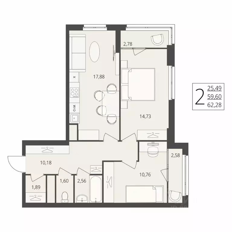 2-к кв. Волгоградская область, Волгоград ул. Степана Разина, 27 (62.28 ... - Фото 1