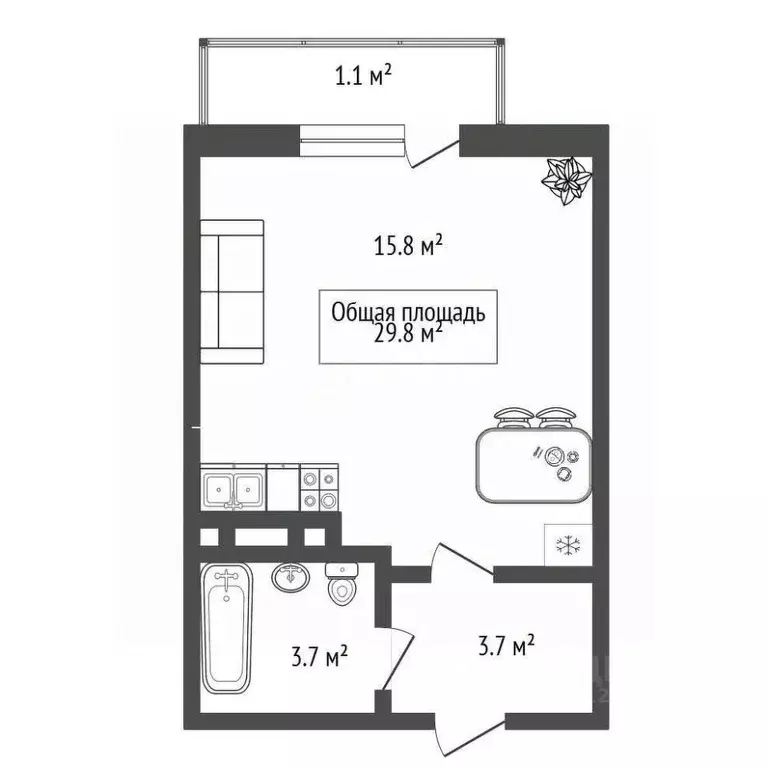 Студия Новосибирская область, Новосибирск ул. Бородина, 56 (29.8 м) - Фото 2