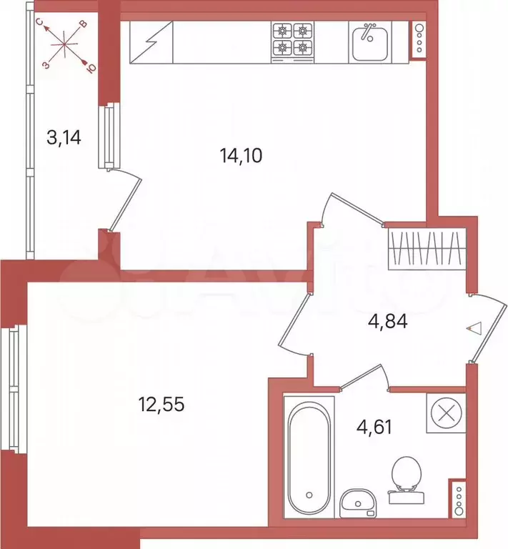 1-к. квартира, 37,7 м, 1/5 эт. - Фото 0