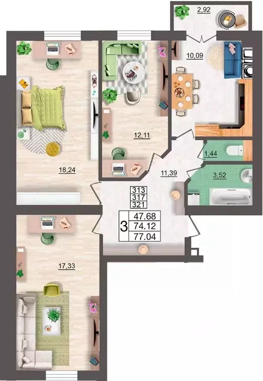 3-к кв. Смоленская область, Смоленск Максимум жилой комплекс (77.04 м) - Фото 1