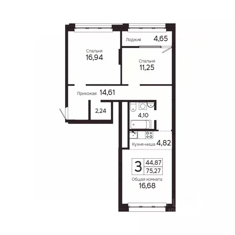 3-к кв. Томская область, Томск Комсомольский просп., 48Б (75.28 м) - Фото 1