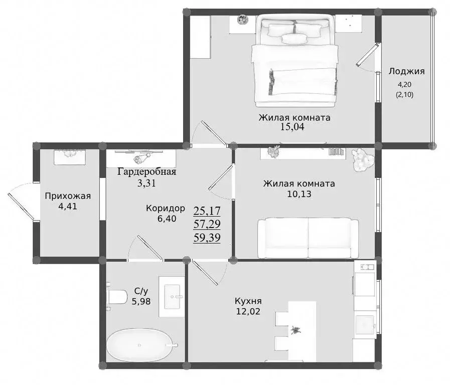 2-комнатная квартира: Керчь, ЖК Образцово, 6 (59.39 м) - Фото 1
