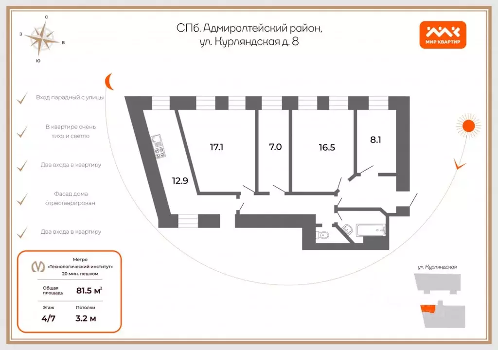 4-к кв. Санкт-Петербург Курляндская ул., 8 (81.4 м) - Фото 1