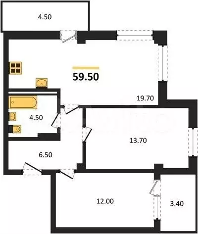 2-к. квартира, 59,5 м, 8/9 эт. - Фото 1