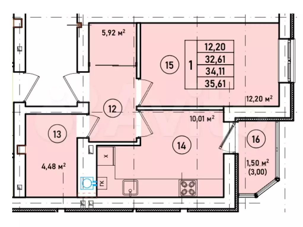 1-к. квартира, 34,1 м, 1/7 эт. - Фото 1
