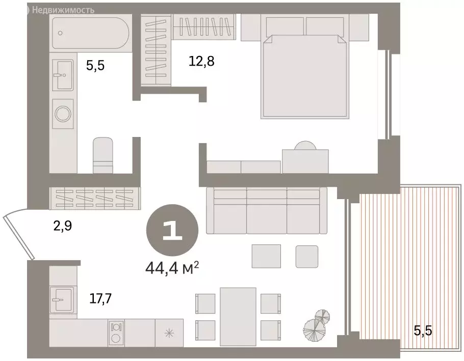 1-комнатная квартира: Екатеринбург, улица Советских Женщин (44.4 м) - Фото 2