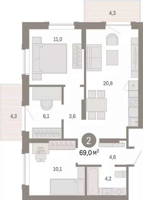 3-комнатная квартира: Омск, Кировский округ (68.96 м) - Фото 1